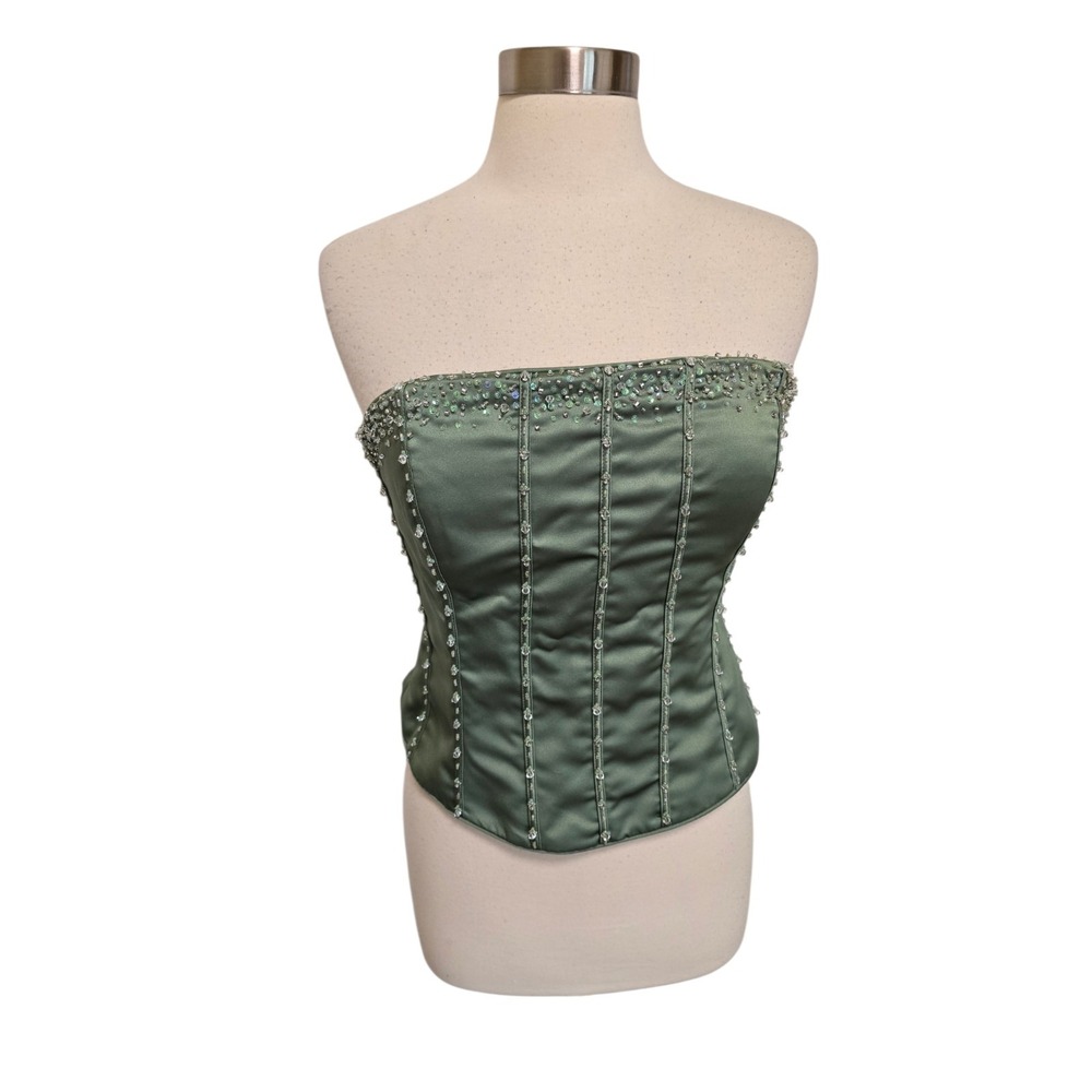 Womens Y2K Vintage Green Strapless Top Beaded Satin Corset Bustier Party
